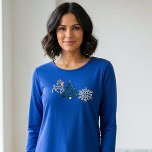 Designs Studio L Blue Christmas Tree Tee Sequin Layering Grandmacore
